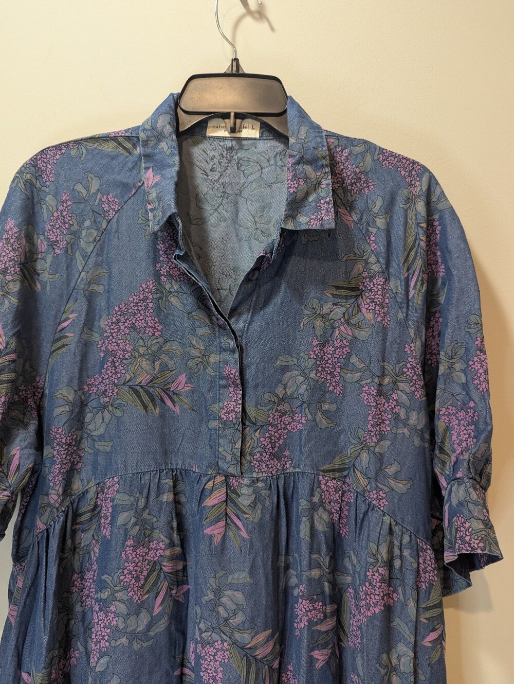 Natural Life Rebecca Wisteria Chambray Floral Tiered Oversized Boho Midi Dress - Picture 6 of 9